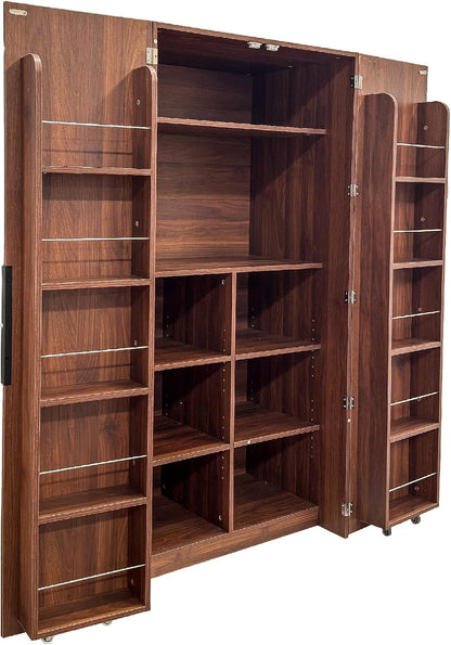 62.8" Tall Freestanding Kitchen Pantry Cabinet Farmhouse Buffet Cupboard Sideboard with Refrigerator-Style Door Storage Doors Walnut for Living Room Dining Room