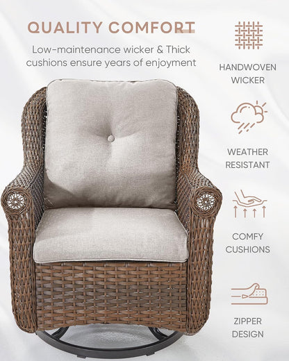 Patio Chairs Outdoor Swivel Glider - Set of 2 High Back Outside Brown Wicker Rattan Rocking Chair with Thick Cushion for Porch Apartment Deck Yard Poolside Garden - Beige