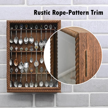 Ikee Design Wooden 30-Souvenir Spoon Display Case Cabinet, Wall-Mounted Tea Spoon Rack with Tempered Glass Door Suitable for Collection Display, Brown Color, 13.4W x 2.6D x 15.7H in