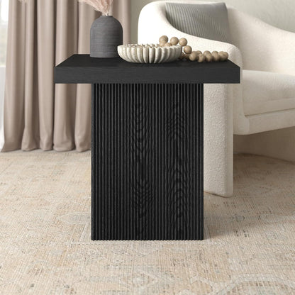 Henn&Hart 22" Fluted Modern Wooden Square End Table, Ribbed Side Table, Nightstand for Living Room, Office, Family Room, or Bedroom, Natural Black