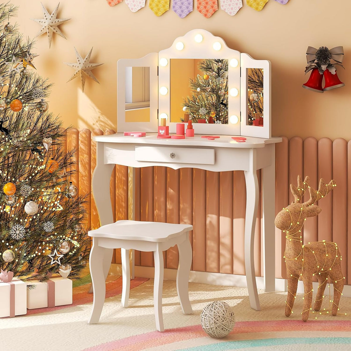 HONEY JOY Kids Vanity Set with Lighted Mirror, 2 in 1 Princess Toddler Dressing Table w/Tri-Fold Mirror & Drawer, Wooden Makeup Table & Chair Set, Pretend Play Vanity Set for Little Girls (White)