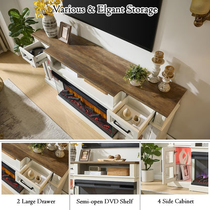 3-Side Fireplace TV Stand for up to 80 Inch TV, LED Entertainment Center with 36 Inch Electric Fireplace, Farmhouse TV Console Table w/Drawers & Cabinets for Living Room, White