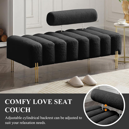 53.2" Width Ottoman Bench, Teddy Upholstered Accent Sofa with Metal Legs, Comfy Love Seat Couches with Adjustable Backrest, End of Bed Bench for Bedroom, Entryway (Black)