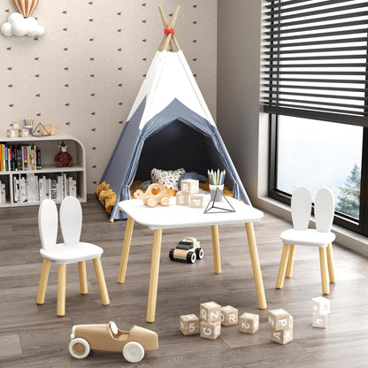 Rabbit Ear Kids Table and Chairs Set for Toddlers - White Wooden Childrens Play Table with 2 Chairs, 23.6 inch Kids Desk with Rounded Corners for Playroom (Solid Wood+MDF, White(Rabbit Ear))