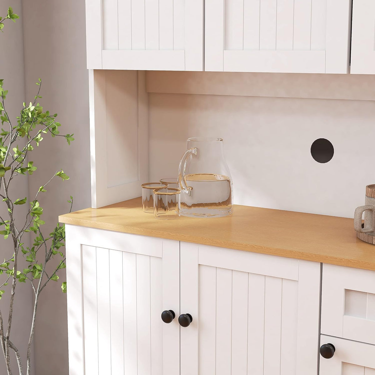 LUMISOL 71" Kitchen Pantry Storage Cabinet with Microwave Oven Countertop, Freestanding Hutch Cabinet with Adjustable Shelves, 6 Doors and 1 Drawer, White