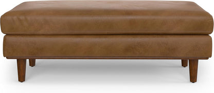 SIMPLIHOME Morrison 49" Wide Genuine Leather Rectangle Ottoman in Caramel | Caramel brown, mid-century modern ottoman with a cushioned top for extra seating, coffee table or footrest.