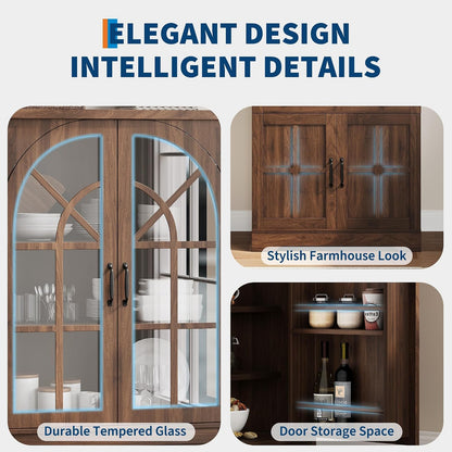 CABIHOME Farmhouse Pantry Cabinet,Freestanding Tall Wood Kitchen Storage with Tempered Glass Doors,Adjustable Shelves Multifunctional Organizer for Dining Room