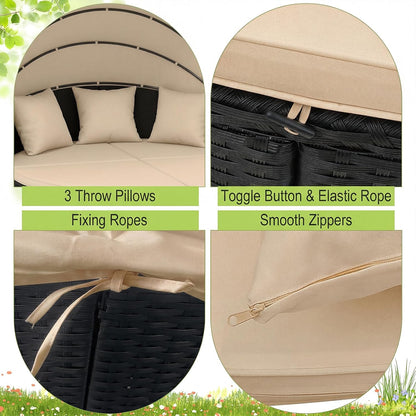 Tangkula Outdoor Patio Round Daybed with Retractable Canopy, Black Rattan Wicker Furniture Sectional Seating with Cushions and Throw Pillows, Seating Separates Cushioned Seats for Backyard (Brown)