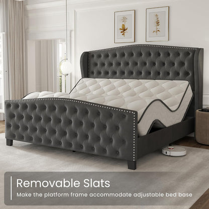 LARMACE King Size Bed Frame Velvet Upholstered Platform Bed with Wingback Headboard & Footbaord, Deep Button Tufted Bed Frame with Wood Slats Support, No Box Spring Needed, Grey