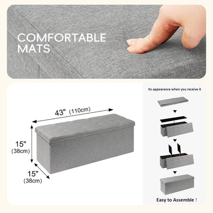 PINPLUS Folding Storage Ottoman Bench, Grey Linen | Linen Storage Chest with Padded Seat, Blanket Organizer, Footrest Stool and End of Bed Bench for Bedroom or Living Room