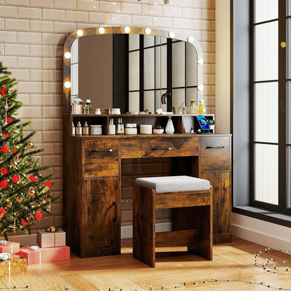 CHARMAID Large Vanity Desk with Arched Mirror and Lights, Vintage Makeup Vanity Table with Charging Station, Storage Drawers & Cabinets, Dressing Table with Stool for Bedroom, Rustic Brown