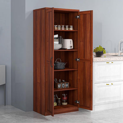 63" 2-Door Kitchen Pantry, Freestanding Storage Cabinet with 5-Tier Shelving and 2 Adjustable Shelves for Dining Room, Cherry Wood Color