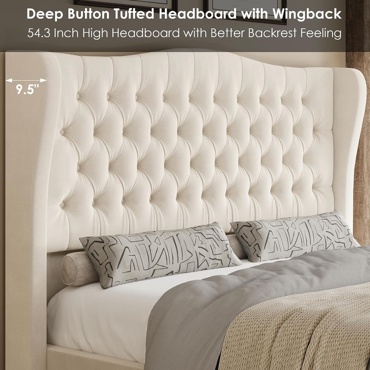 Keyluv King Size 54.3" Tall Bed Frame with Wingback Headboard & Footboard