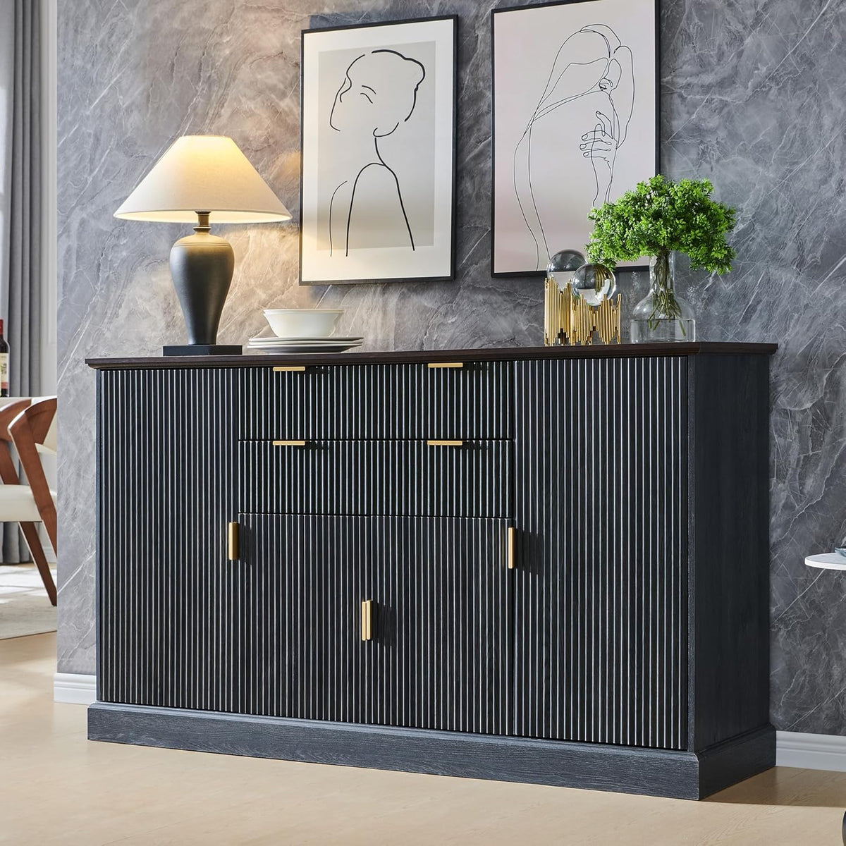 IFGET Fluted Buffet Cabinet with Storage, Sideboard Cabinet with Adjustable Shelves, Wood Rustic Coffee Bar with 2 Drawer and 4 Doors, Wine Bar for Kitchen, and Living Room, Dark Gery