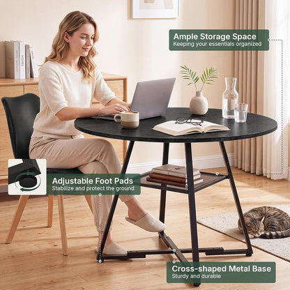 47in Round Dining Table Set for 4, Kitchen Table with Chairs | Circle Table, PU Leather Chair, Metal Cross Base, Storage Shelf, Breakfast Nook, Space-Saving, Apartment, Living Room, Black