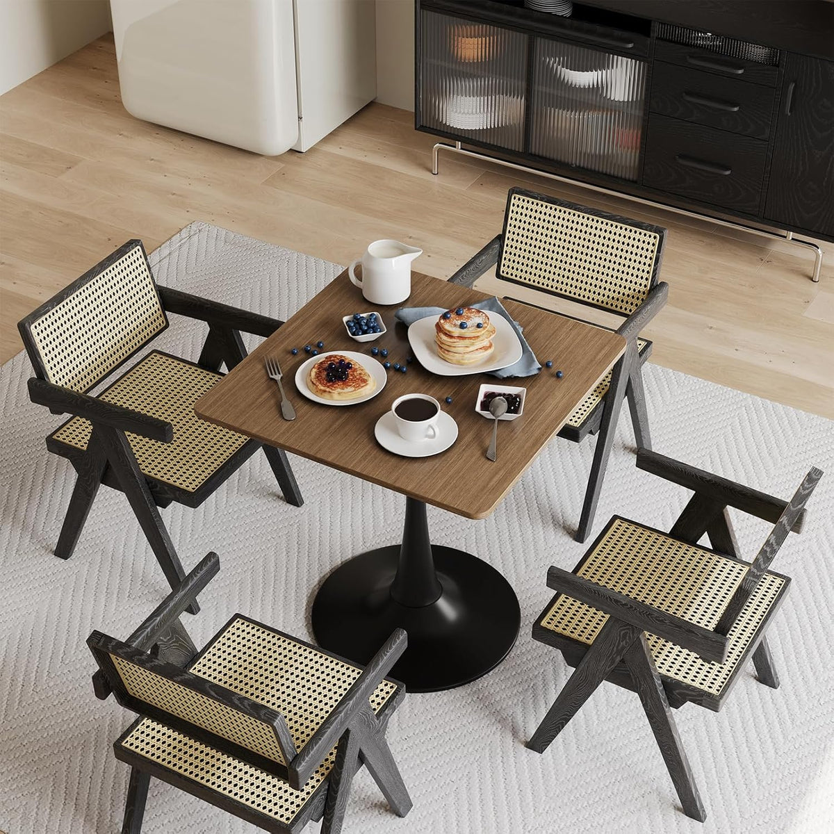 Walnut Square Tulip Table for 2, 24 Inch Small Dining Table with Metal Pedestal Base for Kitchen, Mid-Century Modern Table with Round Corners for Living Room, Cafe and Home Office