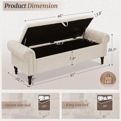 Cozyman Storage Bench Ottoman, 61" King Linen Rolled Arm Bedroom End of Bed Bench, Window Bench with Button Tufted and Nailhead Trim for Foot of Bed Bench, Bedroom, Entryway, Living Room, Linen Color