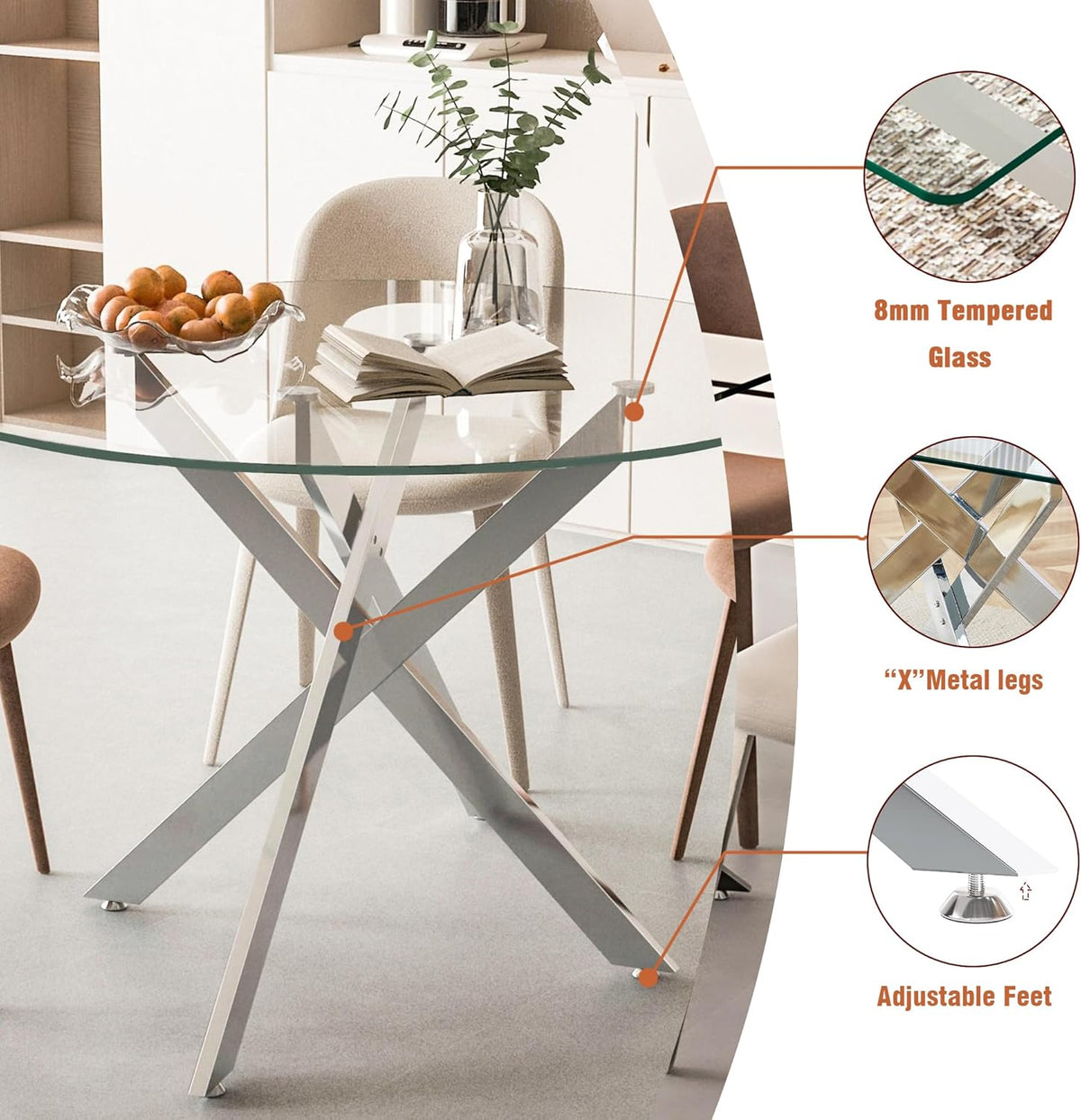 47.25 Inch Round Glass Dining Table Set for 2, Modern 3 Piece Dining Room Table Set with 2 Grey Leather Upholstered Chairs, Glass Kitchen Table and Chairs Set with Silver Metal Legs for Dining Room
