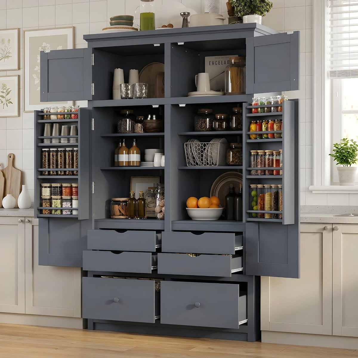 Freestanding Kitchen Pantry with Drawers, Shelves & Pull-out Trays,Gray | Freestanding tall unit with 8 door shelves, 4 pull-out trays, 6 drawers, gray finish, for dining room use