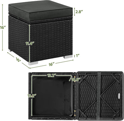 Yaheetech Wicker Ottomans, Set of 2 PE Rattan Side Tables, Black/Gray | Outdoor/Indoor Footstools with Hidden Storage & Removable Cushion, Additional Seating for Patio/Garden/Balcony/Yard