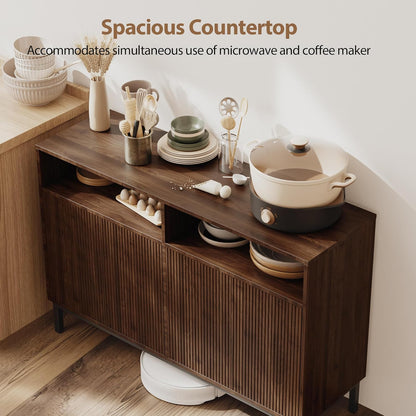 Mericonia Farmhouse Buffet Sideboard Cabinet with Storage, Fluted Coffee Bar with Doors and Adjustable Shelves, Modern Wood Console Cabinet for Kitchen, Livingroom (Fluted 4 Door, Walnut)