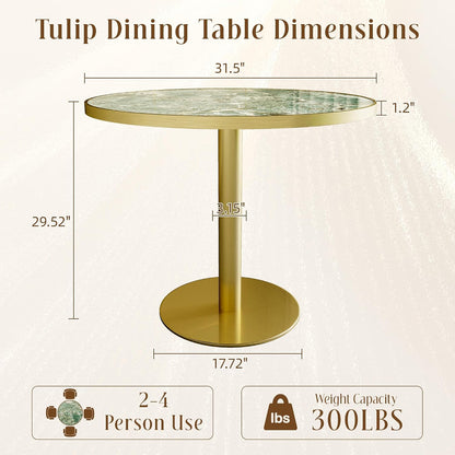 31.5" Round Tulip Table for 2-4, 1.2" Thick Emerald Forest Sintered Stone Top (Natural Stone Look) & Brushed Gold Frame, Modern Luxury Dining Table for Small Apartment, Patio, Sunroom