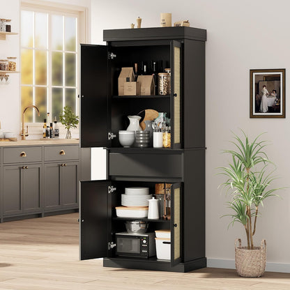 69'' Tall Pantry Cabinet - 4 Rattan Doors, Drawer, and 2 Adjustable Shelves - Freestanding Storage Cupboard for Entryway, Kitchen, Dining Room, Bathroom, or Office,Black