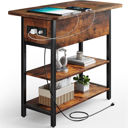 Yoobure End Table with Charging Station, Flip Top Side Table with USB Ports and Outlets, Sofa Couch Table Bedside Table for Living Room Bedroom, Narrow Nightstand with Storage Shelves for Small Space