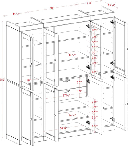 Palace Imports 100% Solid Wood Kitchen China Pantry Cabinet, 65" W - 4 Clear Glass & 4 Shaker Doors, Renewable Eco-Friendly Wood, Made in Brazil (Mocha, 8 China/Shaker Doors | 2 Drawers)