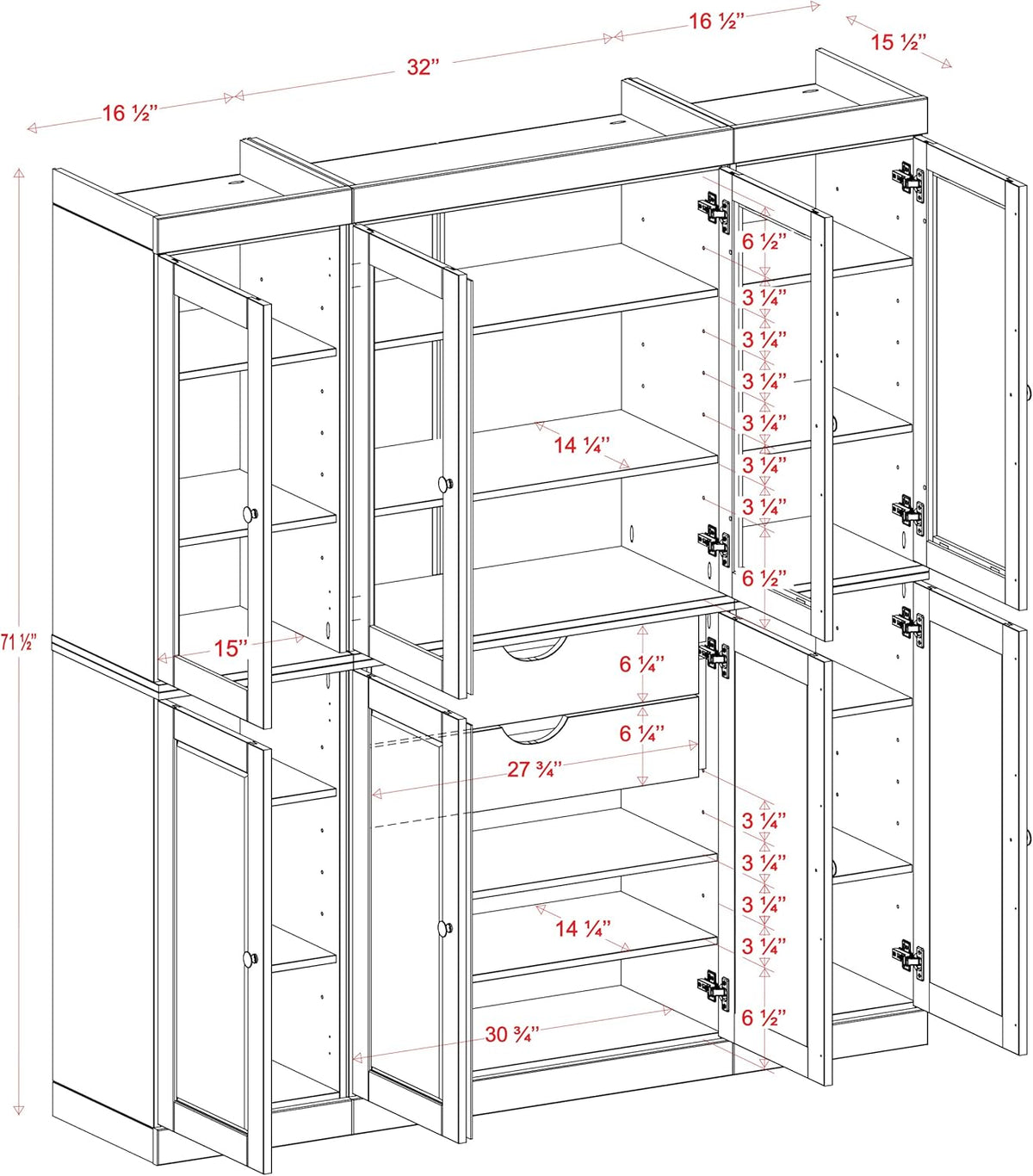 Palace Imports 100% Solid Wood Kitchen Pantry with 2-Drawer Kit, Teal Blue, 65" w x 71.5" h x 15.5" d, Renewable Eco-Friendly Wood, Made in Brazil