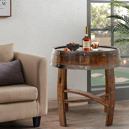 Farmhouse Coffee Table, Round Rustic End Table - Solid Wood Living Room Side Table,Handcrafted Whiskey Barrel Accent Table