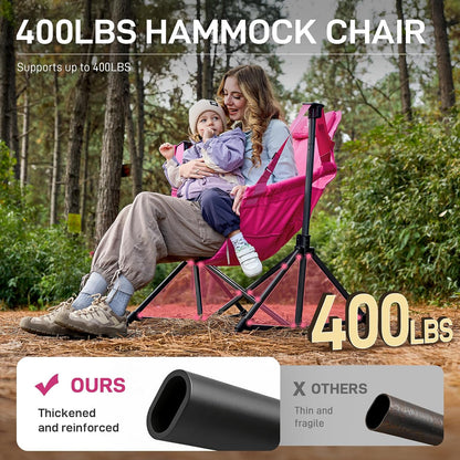 EVER ADVANCED Padded Oversized Hammock Camping Chair, Compact Heavy Duty Swing Chair with Multi-Storage Pockets, Portable Folding Rocking Camping Chair, Support Up to 400lbs, Pink