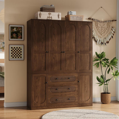 TOKSOM 4 Doors Freestanding Armoire Wardrobe Closet, 72" Walnut Wardrobe Armoire Wooden Closet Large Capacity Storage with 3 Drawers & 3 Hanging Rod Shelves Clothes Organizer