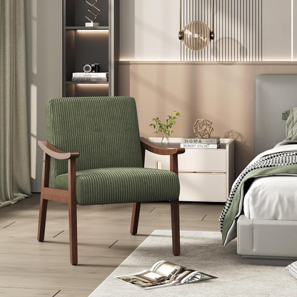 Yaheetech Accent Chairs, Mid-Century Corduroy Fabric Armchairs, Dark Green | Corduroy Chair with Solid Wood Legs, Cozy Reading Leisure Chair for Living Room, Bedroom, Waiting Room