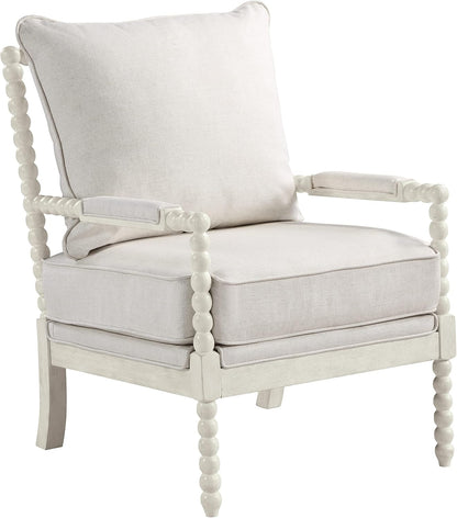 OSP Home Furnishings Kaylee Spindle Accent Chair with Antique White Wood Frame, White Linen Fabric