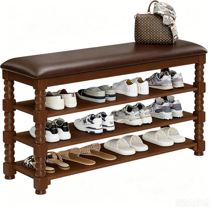 Homleke Solid Wood Shoe Storage Bench with Cushion,Classic Turned Ball Legs | 3-Tier Tall Entryway Bench with Leather Seat, Holds Up to 12 Pairs, for Hallway and Bedroom, Walnut, 39.4 Inch