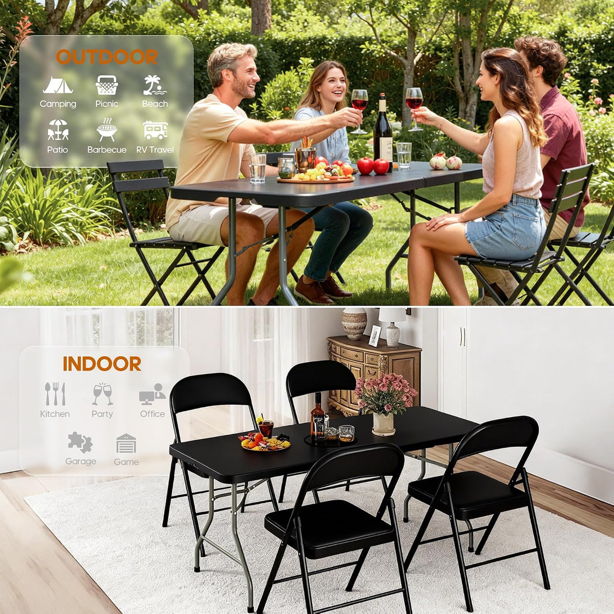 5ft Folding Table Heavy Duty 350 LBS Capacity Foldable Table with 18% Thicker HDPE Waterproof Top & Reinforced Steel Frame, Portable Fold-in-Half Table for Outdoor Indoor Party Wedding Camping
