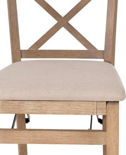 Linon Triena X Back Neutral Greywash Wooden Fully Assembled Folding 24 Inch Seat Height Counter Stool with Beige Upholstered Seat