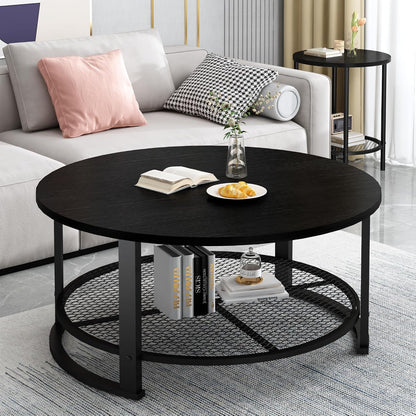 Recaceik Round Coffee Table and End Table Set of 3 with Storage, Modern Vintage Black Coffee Table and Side Table for Living Room, Office, Apartment, Small Space