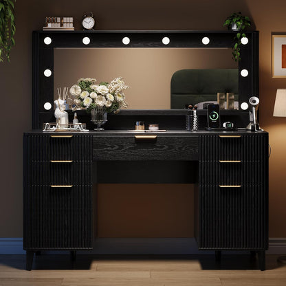 Fluted Makeup Vanity Desk with Large 39.3" Mirror and Lights, 48.8" Wood Vanity, Large Vanity Dressing Table, Modern Wooden Vanity Table for Women and Girls, Bedroom or Dorm (Inky Black)