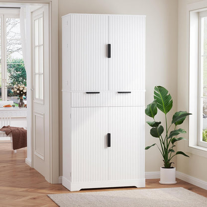 Modern Kitchen Pantry Cabinet, 71" Height Tall Freestanding Cupboard with a Drawer,3 Sliding Rack,6 Hanging Shelves,Fluted Kitchen Organizer Storage Cabinet for Dining Room Living Room (White-1)