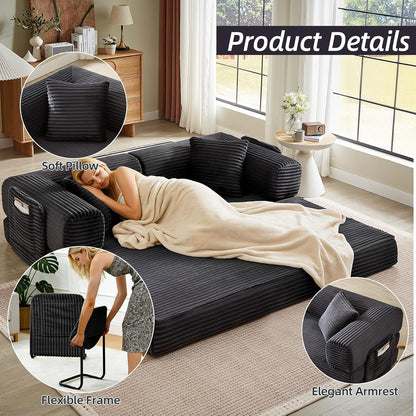 81 Inch Convertible Futon Sofa Bed,Fold Out Floor Sofa Couch with Fixed-Shape Frame,Corduroy Foldable Mattress Pull-Out Couches for Living Room (Dark Grey)