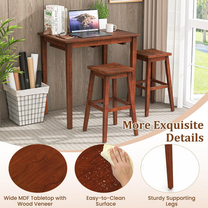 Giantex Bar Table and Chairs Set - 3-Piece Counter Height Dining Table Set with Hangable Bar Stools, Wood Veneered Tabletop, Rubber Wood Legs, Space Saving Dinette Set, Breakfast Nook Table Set, Brown