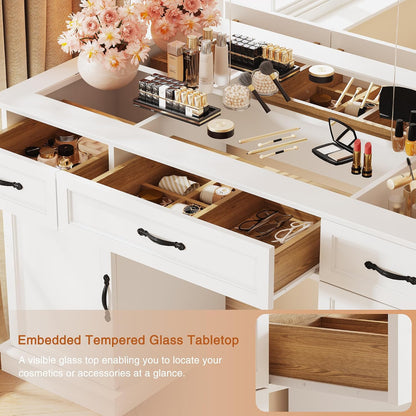 Vanity Table with Mirror and Lights, 55" Large LED Makeup Mirror with 3 Color Modes, Modern Dressing Table with Drawers and Cabinets, HD Glass Top Beauty Desk for Bedroom, Gift for Women