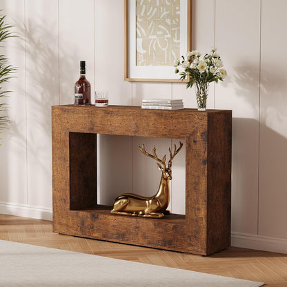 47" Farmhouse Console Table - Long Sofa Table Behind Couch, Wooden Entryway Table for Living Room, Hallway, Entrance, Rustic Rectangular Design, Brown