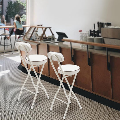 Set of 2-Folding Bar Stool Chair with Back, White Tall Foldable Chair Leather Padded Counter Height Collapsible Stool for Adults Kitchen Island Guitar Shop Cafe