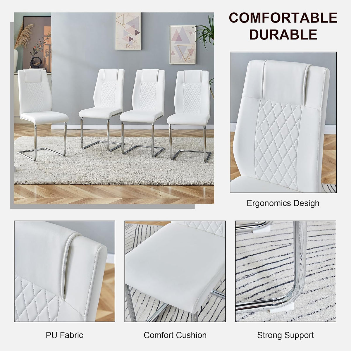 Marble Dining Table Set for 6,63" Kitchen Table Set of 6,Rectangle Dining Room Table Set with Silver Chrome Legs,Tempered Glass Dining Table Set with White Faux Leather Chairs for Dining Room