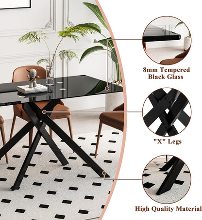 Modern Black Glass Dining Table Set for 6, Glass Kitchen Table and Chairs Set of 6, 7 Piece Dining Table Set with 51" Rectangle Dinner Tables and 6 PU Leather Dining Chairs
