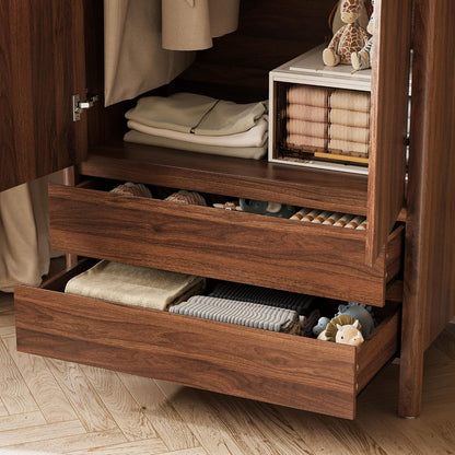 MAISONARIA Wardrobe with 2 Doors and 2 Drawers, 70.9”H Modern Walnut Bedroom Armoire Closet with Hidden Handles, Freestanding Wooden Storage Cabinet for Clothes and Essentials