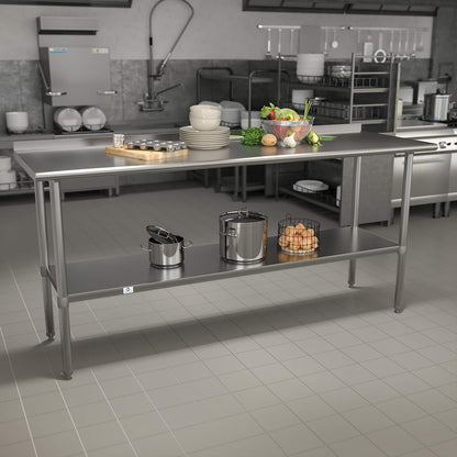 EMMA + OLIVER Stainless Steel 18 Gauge Kitchen Prep and Work Table with Backsplash and Shelf, NSF - 72" W x 30" D